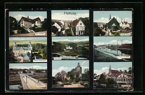 AK Kettwig /Ruhr, Am Luftigen, Teilansicht, Schloss Hugenpoet, Ruhrbrücke