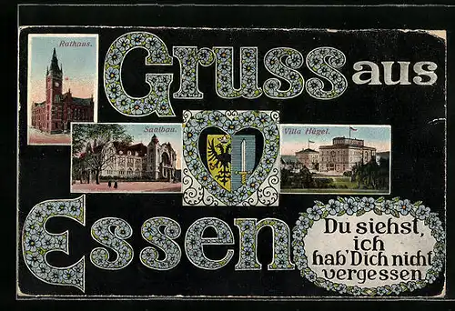 AK Essen, Rathaus, Saalbau, Villa Hügel, Wappen