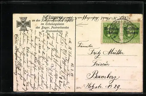 AK Brannenburg, Erholungsheim des Bayr. Postverbandes mit Anlagen, Anlasskarte Kriegeraufenthalt 1914 /15