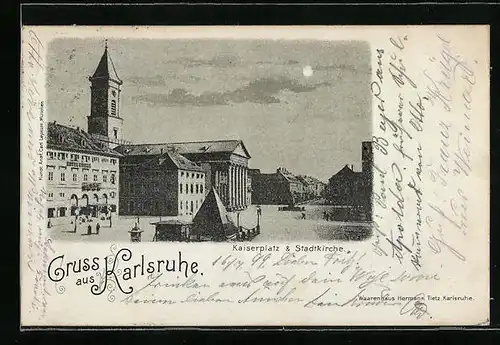 AK Karlsruhe, Kaiserplatz & Stadtkirche bei Vollmond