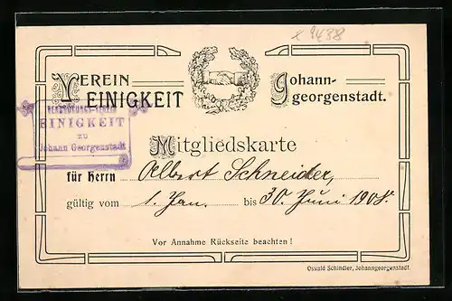 AK Johanngeorgenstadt, Verein Einigkeit, Mitgliedskarte Hr. Schneider