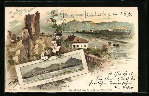 Lithographie Königswinter, Drachenfels mit Siebengebirge
