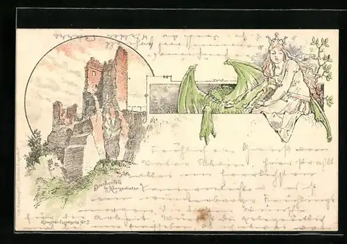 Lithographie Königswinter, Drachenfels, Prinzessin mit Drachen
