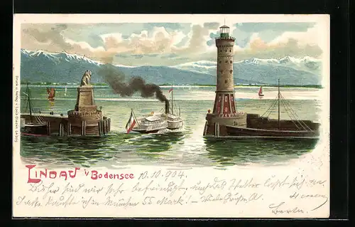 Lithographie Lindau i. Bodensee, Hafeneinfahrt mit Leuchtturm und Dampfer