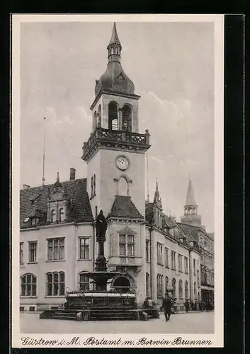AK Güstrow i. M., Postamt mit Borwin Brunnen