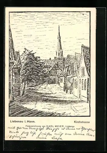 Künstler-AK Liebenau i. Hann. Kirchstrasse mit Kirche