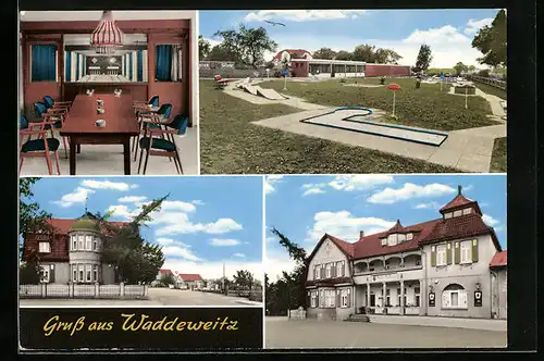 AK Waddeweitz, Heide-Gasthaus G. Fischer, Strassenpartie, Minigolfplatz