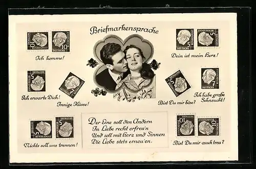 AK Briefmarkensprache, Trautes Paar im Glückskleeblatt