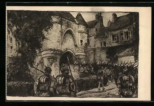 Künstler-AK Porte d`Ardon, Infanterie marschiert durch ein Burgtor