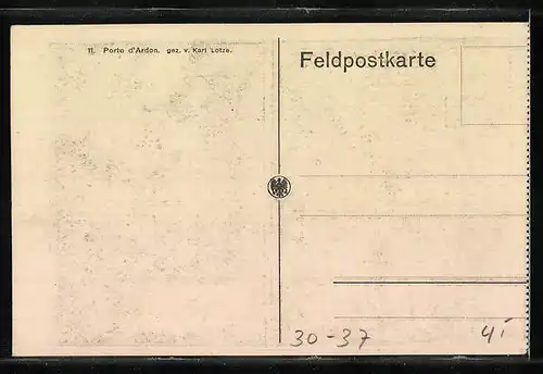 Künstler-AK Porte d`Ardon, Infanterie marschiert durch ein Burgtor