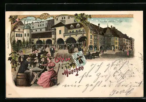 Lithographie München, Münchner Hofbräuhaus, Arkadenhof im neuen Hofbräuhaus