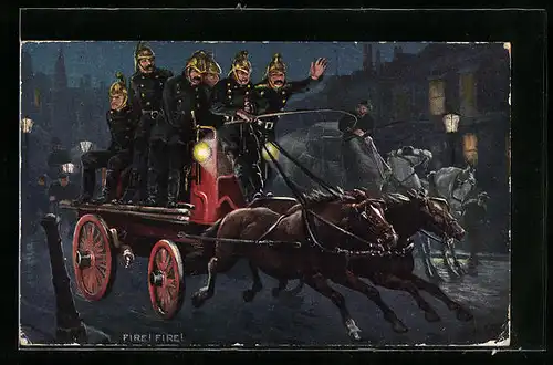 Künstler-AK Fire! Fire!, Feuerwehr eilt zum Einsatzort