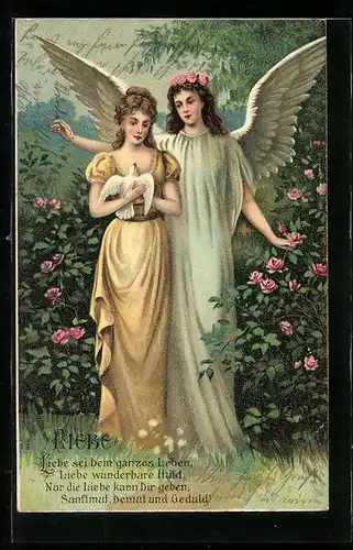 Präge-AK Liebe, Engel bei der Maid mit Taube, Allegorie