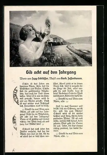 AK Gib acht auf den Jahrgang, junge Dame mit Weinrebe