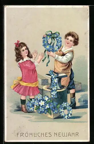 Künstler-AK Fröhliches Neujahr, Schmiedchen hat einen Vergissmeinnichtkranz in der Hand