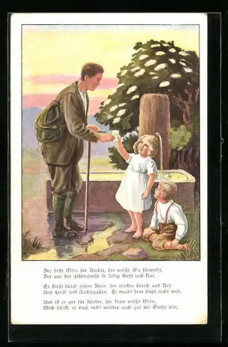 Künstler-AK Wanderer mit Kindern an einem Trinkbrunnen