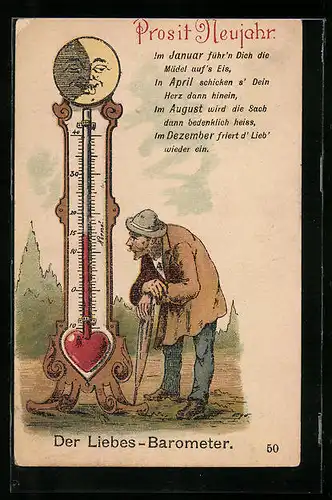Lithographie Greis am Liebes-Barometer, Neujahrsgruss