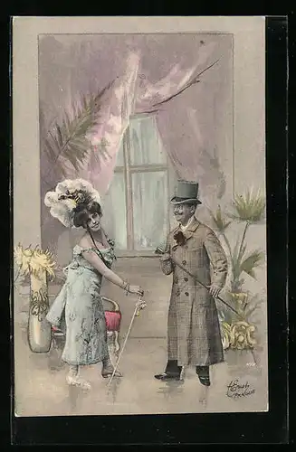 Künstler-AK Dame mit Monokel und Herr mit Zwicker in einem Zimmer