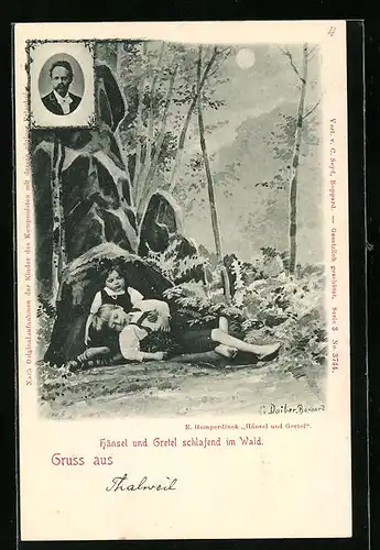 Künstler-AK Hänsel und Gretel schlafend im Wald, Portrait Engelbert Humperdinck
