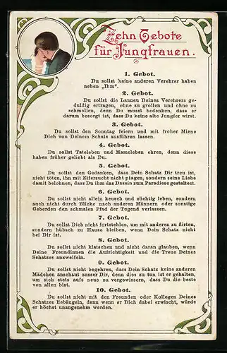 Künstler-AK Zehn Gebote für Jungfrauen, Sich küssendes Paar, frauenfeindlicher Humor