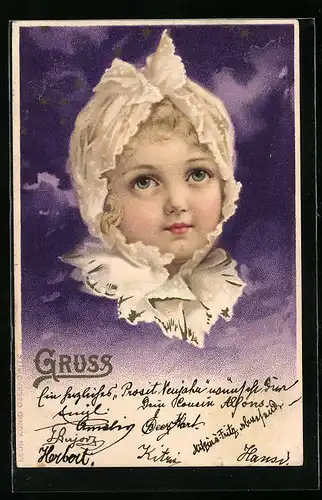 Lithographie Gesicht eines Mädchens mit Haube
