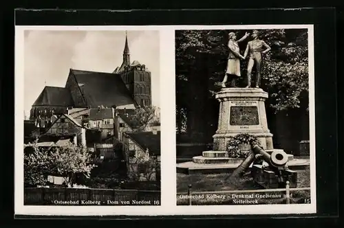 AK Kolberg, Dom von Nordost, Denkmal Gneisenau und Nettelbeck