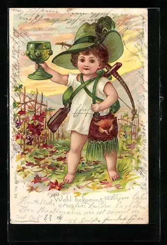 AK Kind mit Jagdgewehr und Glas in der Hand