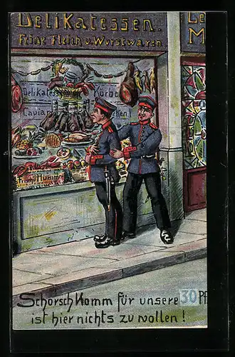 AK Zwei Soldaten vor dem Delikatessengeschäft, 1. Weltkrieg