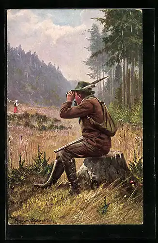 Künstler-AK Jäger mit Fernglas auf einer Lichtung