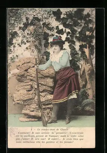 AK Jägerin im Rock mit Hut und Gewehr