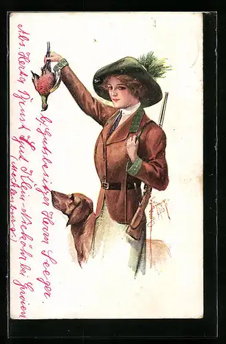 Künstler-AK Sportliche Jägerin mit Hund hält erlegten Vogel hoch