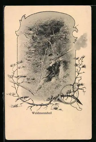 AK Jäger beim Schiessen im Wald, Waidmanns Heil