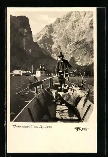 AK Königsee, Jäger mit erlegtem Hirsch in einem Kahn, Waidmanns Heil