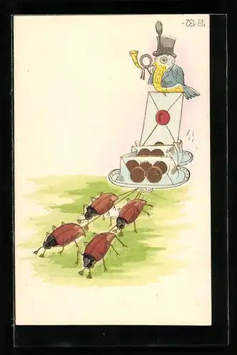 Präge-AK Vogel als Postillon auf von Maikäfern gezogener Geldpost