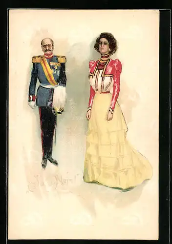 Künstler-AK Ja oder Nein!, Alter Soldat und junge Dame