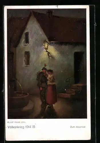 Künstler-AK Soldat nimmt auf nächtlicher Strasse Abschied von der Geliebten