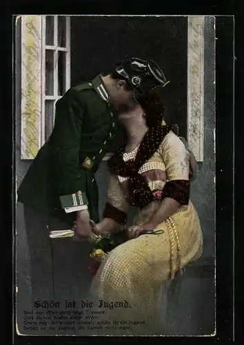 Künstler-AK Schön ist die Jugend, Soldat beim Kuss mit Geliebter
