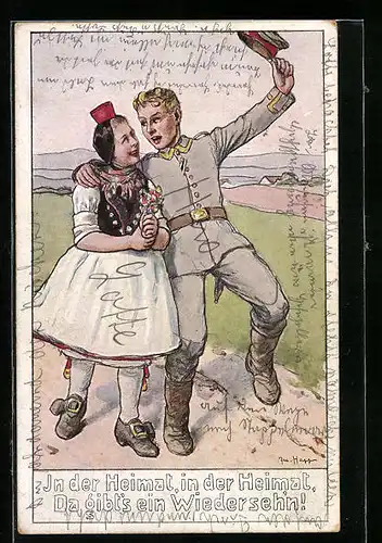 Künstler-AK Soldat beim freudigen Wiedersehen mit seinem Mädchen
