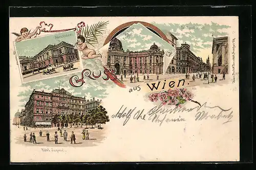 Lithographie Wien, Künstlerhaus, Michaeler Burgthor, Reichsrathstrasse, Hotel Imperial
