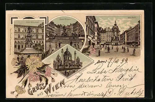 Lithographie Wien, Donner Brunnen, Schiller-Monument, Hoher Markt, Karlskirche