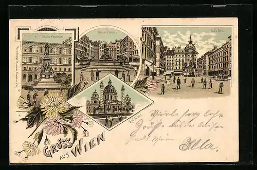 Lithographie Wien, Karlskirche, Hoher Markt, Donner Brunnen, Schiller-Monument