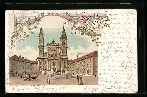 Lithographie Wien, Piaristenkirche mit Vorplatz