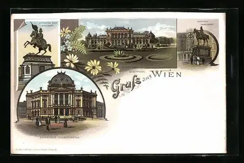 Lithographie Wien, Erzherzog Karl Monument, Radetzky-Denkmal, Deutsches Volkstheater