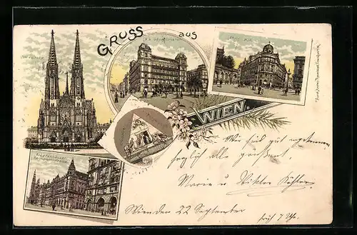 Lithographie Wien, K.K. Polizei-Direktion, Votivkirche, Arkadenhäuser, Reichsrathsstrasse