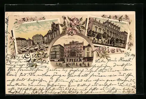 Lithographie Wien, Carl Theater, Am Hof, Palais Erzherzog Wilhelm