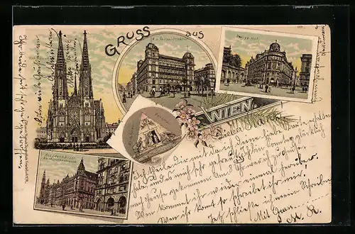 Lithographie Wien, Votivkirche, Philipp Hof, Arkadenhäuser Reichsrathsstrasse