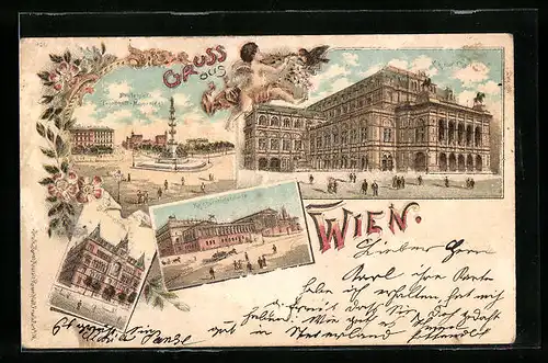 Lithographie Wien, Praterstern, Tegetthoff-Monument, Reichsratsgebäude