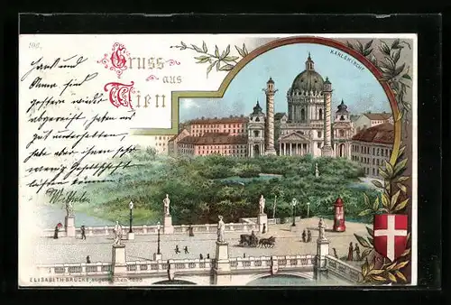 Lithographie Wien, Karlskirche, Donaubrücke, Wappen