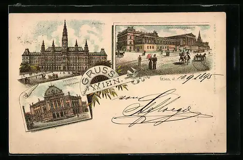 Vorläufer-Lithographie Wien, Rathaus, Reichsrathsgebäude, Deutsches Volkstheater, 1895