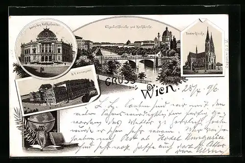 Lithographie Wien, Elisabethbrücke und Karlskirche, Votivkirche, Deutsches Volkstheater, K.K. Universität